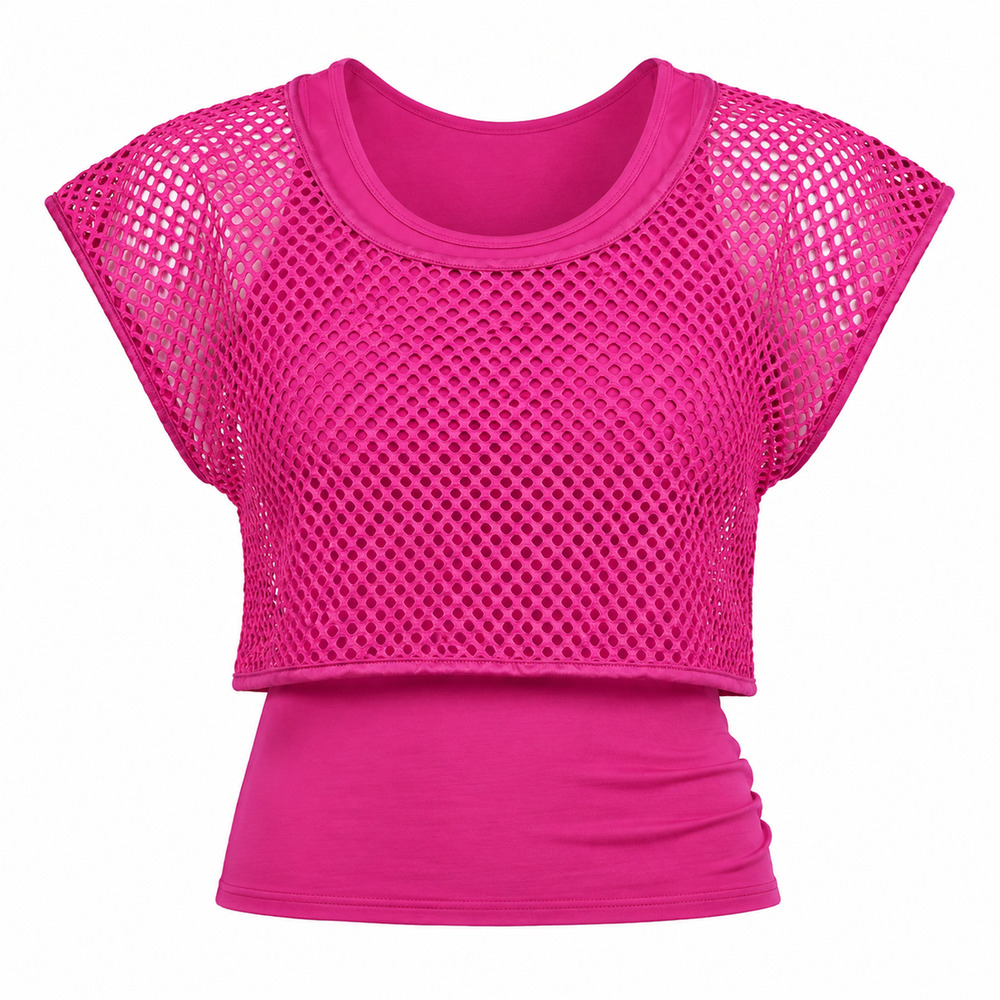 Women's Pink 80's Style Fishnet Top and Tanktop Matching Set Costume Workout Top